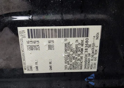 2019 Nissan Maxima 3.5 S из США, поврежденный, VIN 1N4AA6AV1KC383680